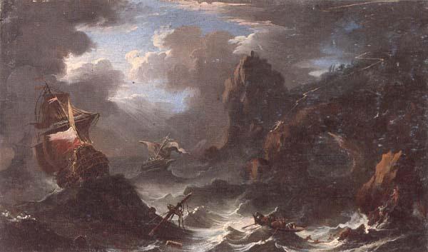 unknow artist A coastal landscape with shipping in a storm,figures shipwrecked in the foreground